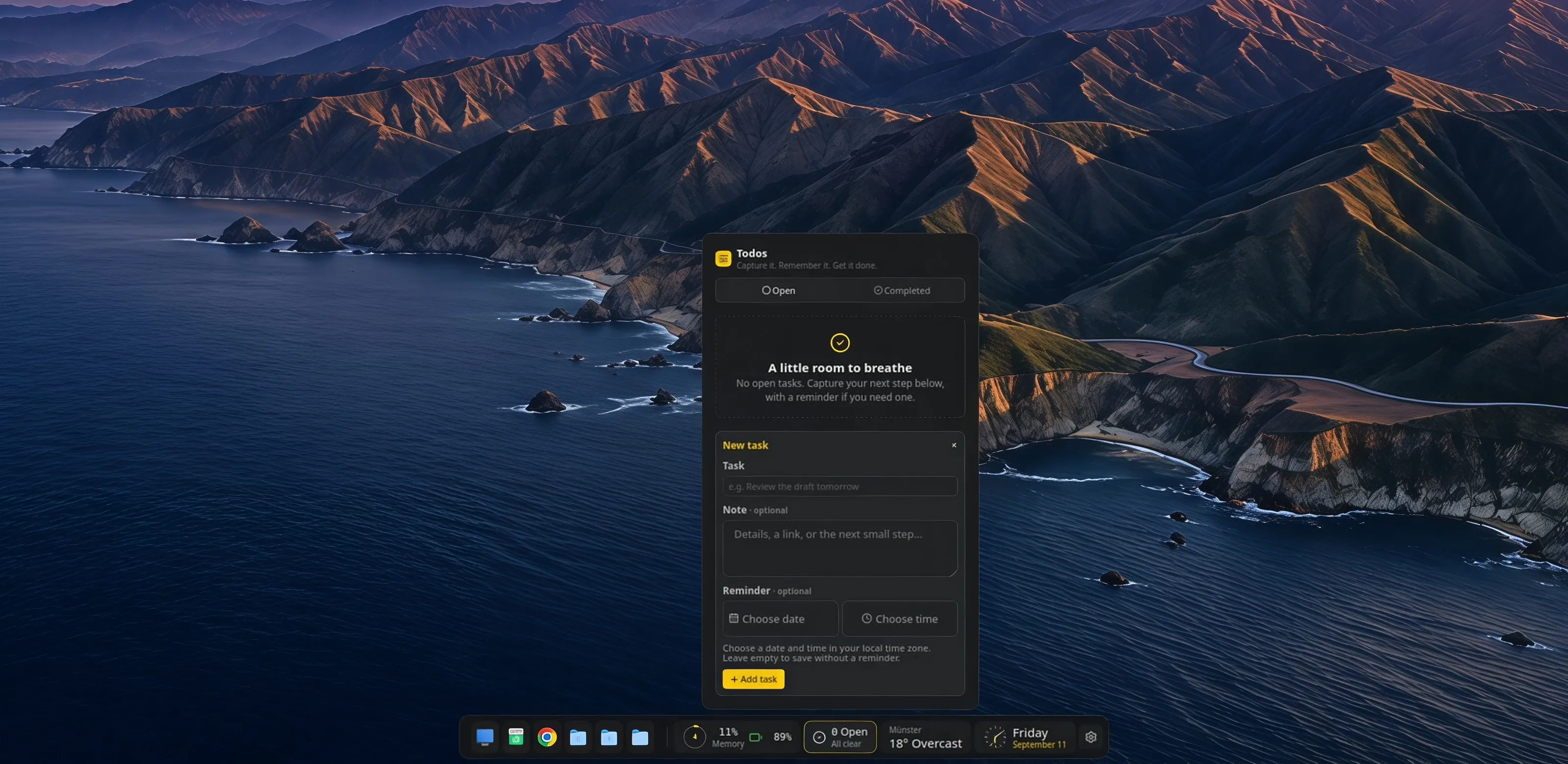 smabar at the bottom edge of a desktop, the Todos flyout open above it.
