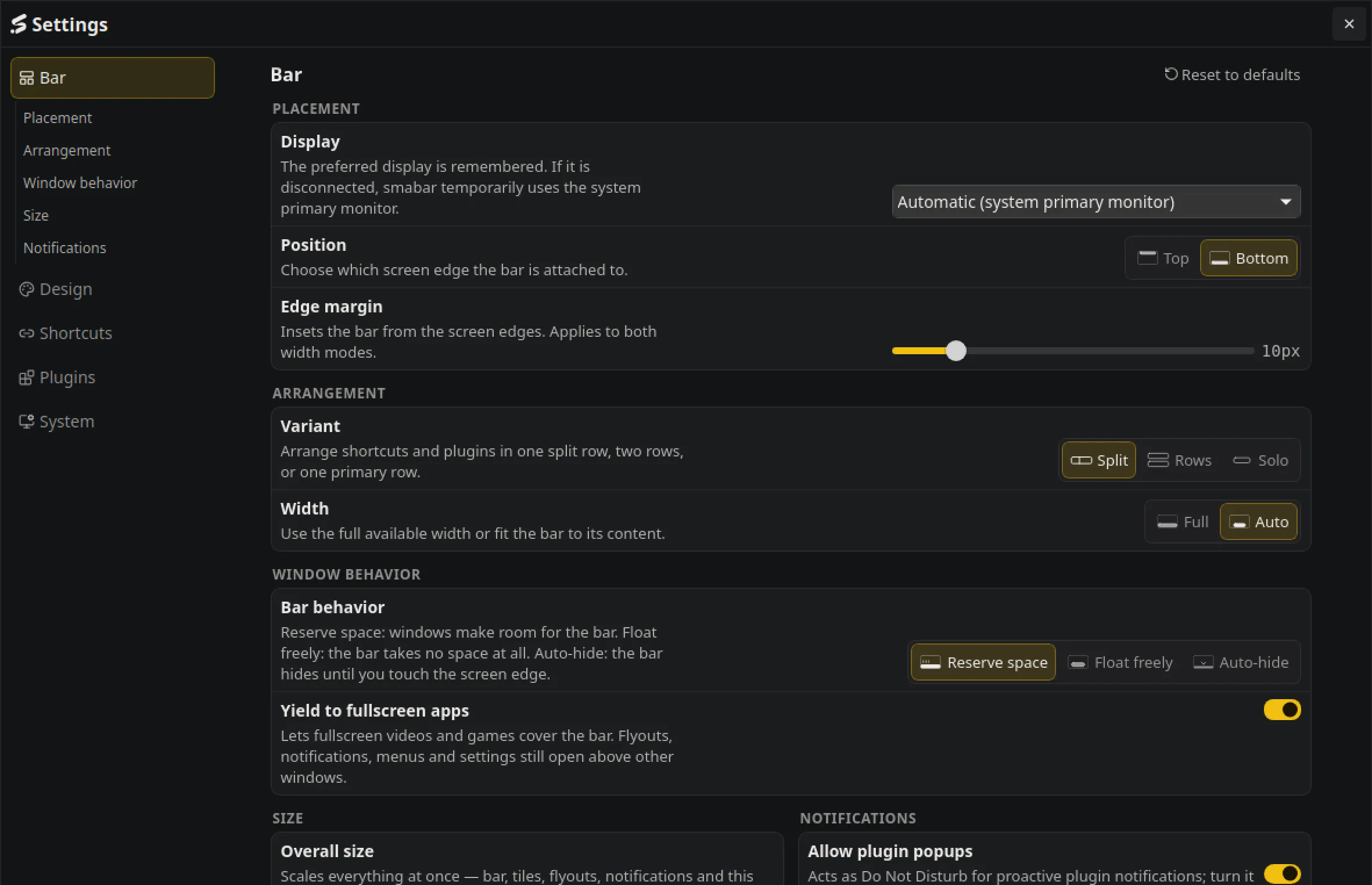The Bar page of the settings: display, position, edge margin, variant, width, bar behaviour, size and popups.